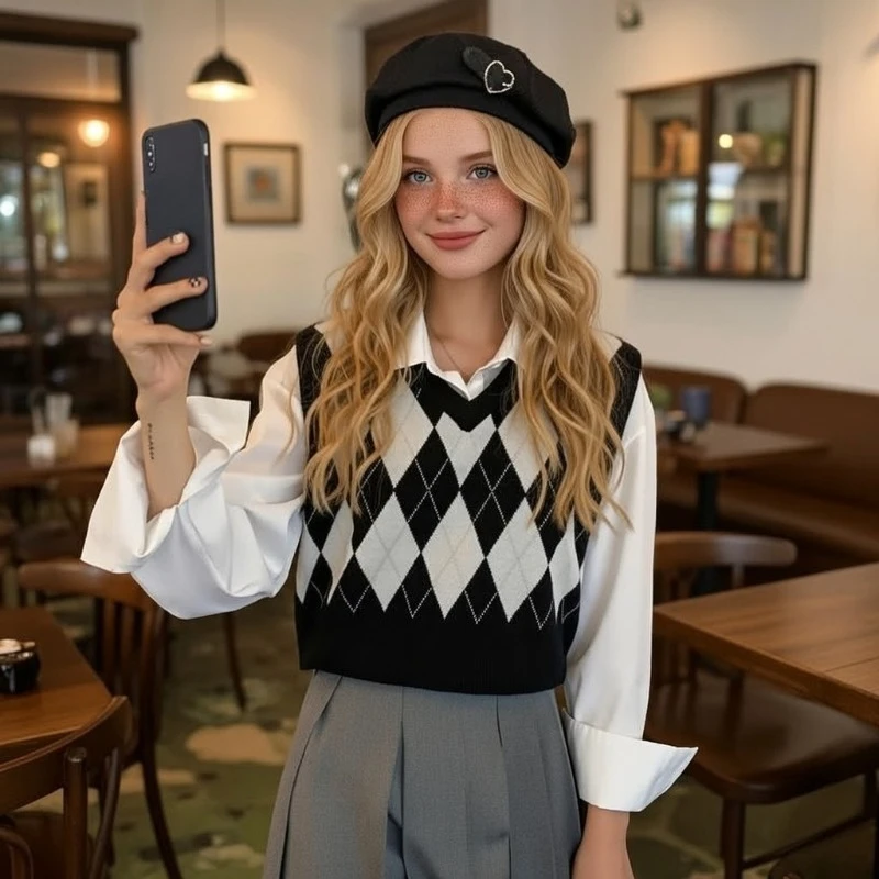 

Knit Vests Women Argyle Retro Sweet Slim Spring Autumn Y2k Japanese Preppy Style Crops Fashion V-neck Sweaters Lovely Schoolgirl