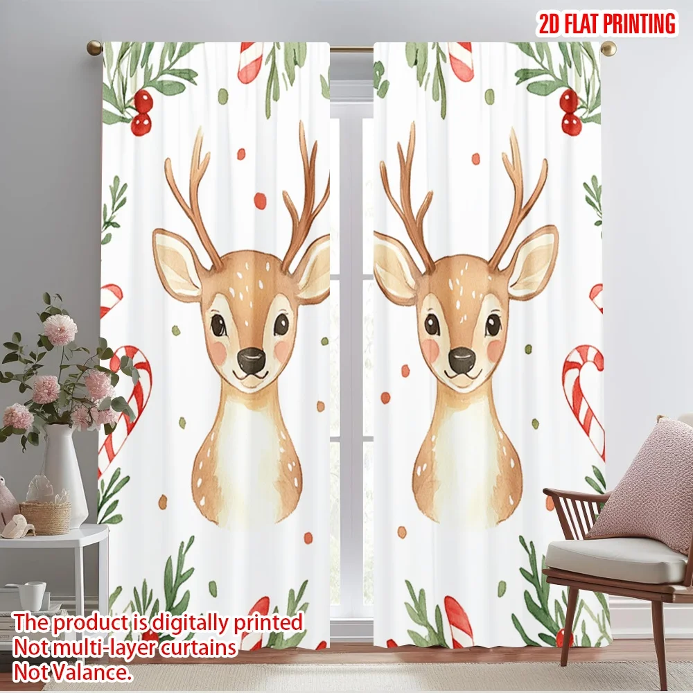2pcs,2D plane printing Contemporary Curtains Cute Reindeer Candy Cane (3) Versatile Polyester Fabric (without rod) Room Decor