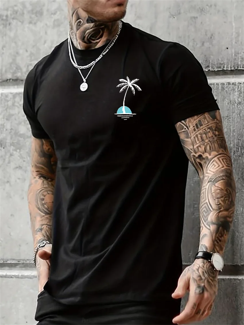 Men\'s Summer Casual Loose Size 100% Cotton Coconut trees Print Round Neck Short Sleeve T-shirt Top