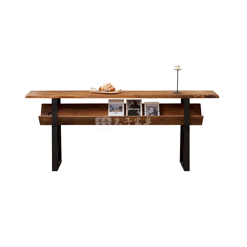 Customized wabi-**** wind entrance table Solid wood table Living room entry plan Floor to wall Storage Household wrought iron fu