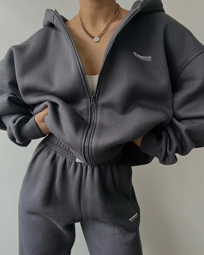 Women Fashion Tracksuit Solid Color Autumn Sportswear 2 Pieces Hooded Sweatshirt Sets Oversized Pullover Shirts And Pants Suits