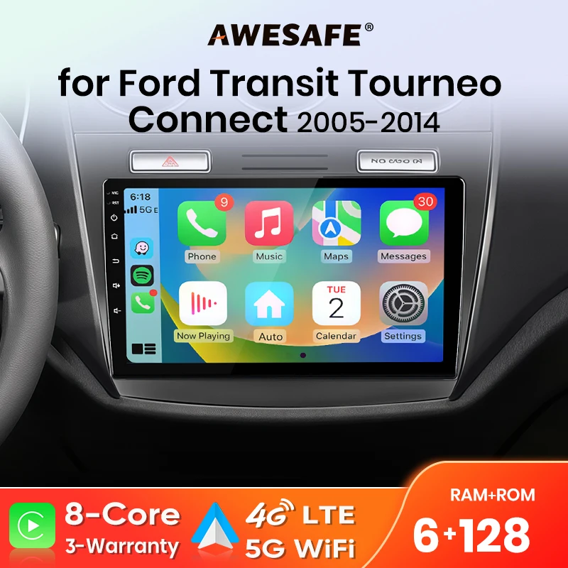 Autoradio sans fil AWESAFE CarPlay Android Auto pour Ford Transit Tourneo Connect 2005-2014 Plug & Play FM BT RDS DSP GPS Multimédia