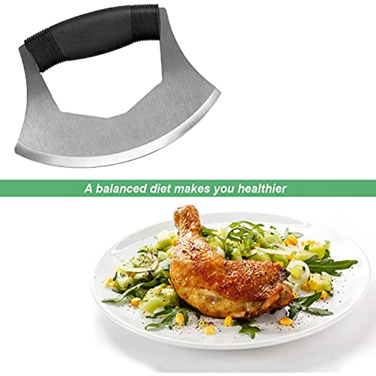 Cuchillo Mezzaluna, picadora de ensalada de acero inoxidable con cubierta protectora, mango ergonómico para pizza, queso, cebollas, ajo y verduras