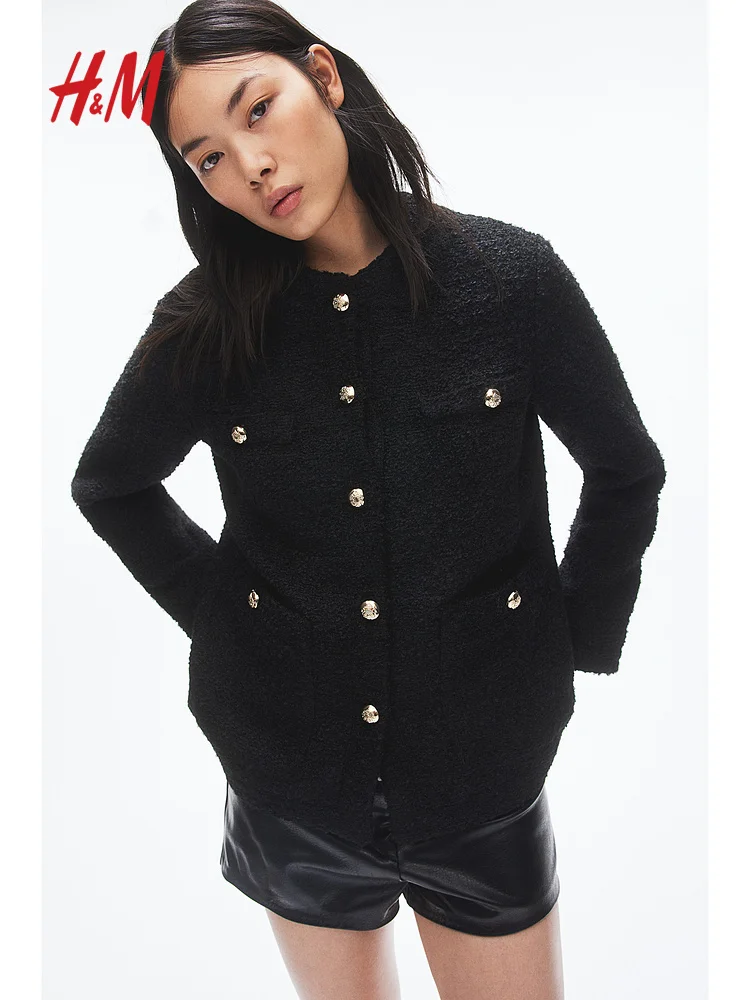 H&M Feminino Slim Fit Tecido Jaet redondo Ne Fce Forrado Botão de Metal Or Casacos 2524 Casaco de Outono Faionable