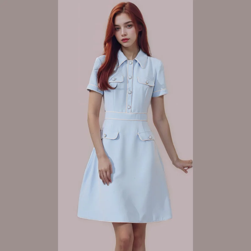 High end temperament dress with waistband and lapel, romantic and personalized embellished shirt skirt for women