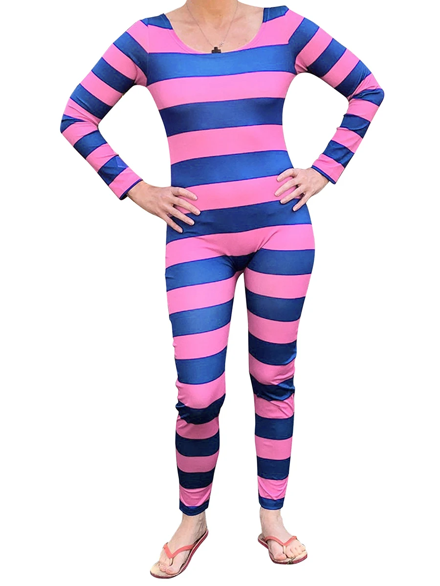 Women s Cheshire Cat Halloween Costume Pink Purple Striped Long Sleeve Jumpsuit Cosplay Outfit