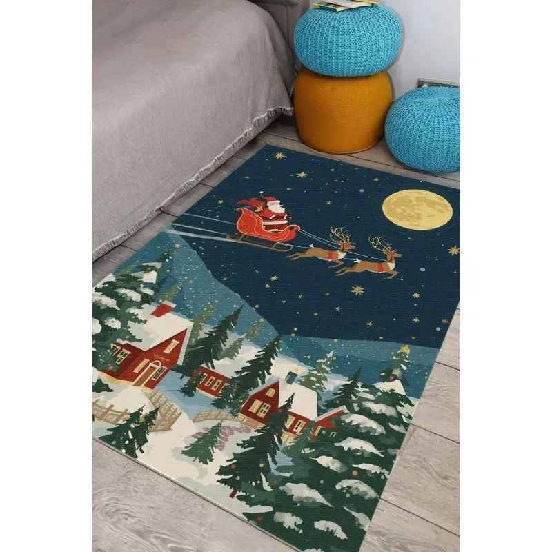 عيد الميلاد سانتا مزلقة البساط عطلة احتفالية الرنة السجاد مع القمر الشتاء قرية المشهد الموسمية المطبوعة غرفة المعيشة البساط
