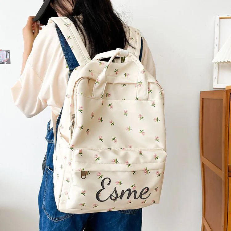 Mochila Floral Kawaii para meninas e mulheres, Bolsas escolares fofas, Mochila bonito com nome personalizado, Bolsa de faculdade