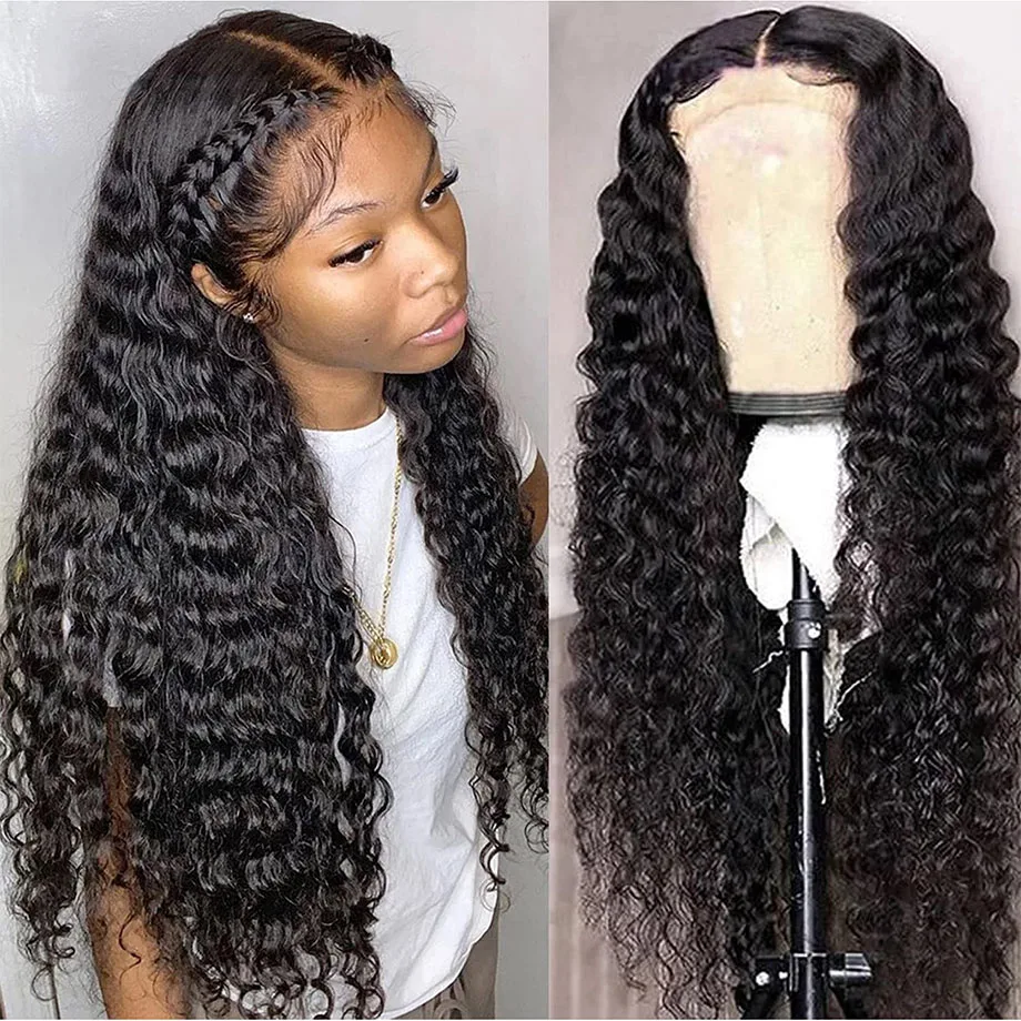 Deep Wave Frontal Wig 13x4 Transparent Lace Frontal Wig PrePlucked 28 30 Inch Deep Curly Lace Front Human Hair Wigs For Women