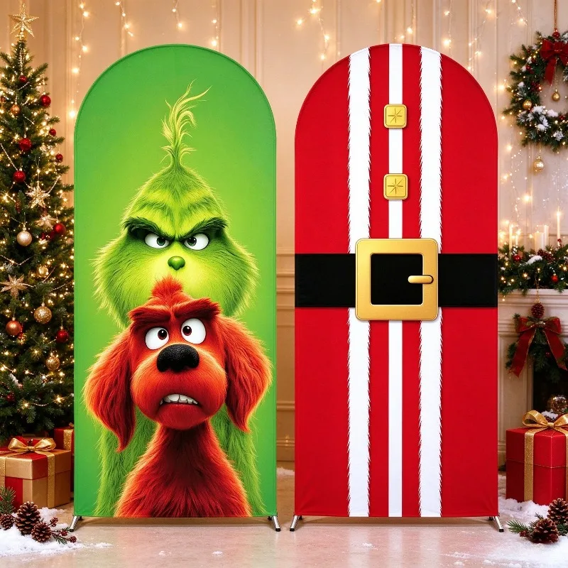 Housse de fond de Noël Chiara pour arche, housse extensible pour support d'arche, bannière d'arche imprimée Grinch et costume de Père Noël pour la décoration de fête de Noël