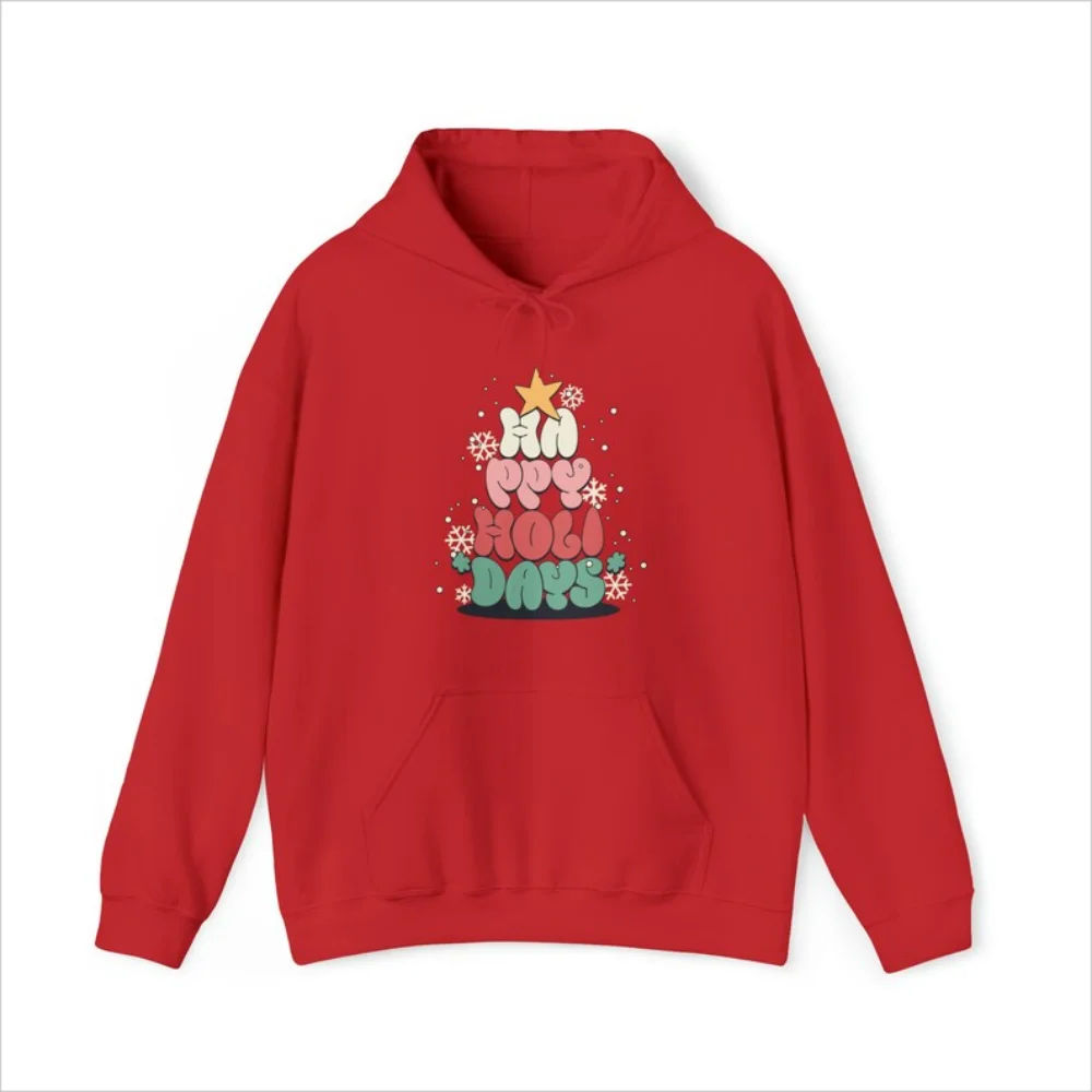 Happy Holidays Hoodie Sweatshirt Cute Christmas Hoodie Funny Letter Print Simple Casual Drawstring Kangaroo Pocket Top