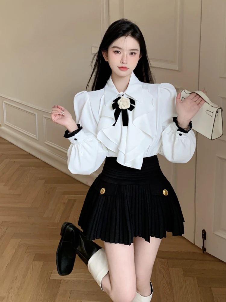 

plus Size Salt System Sweet And Spicy Girl Hidden Meat Shirt Top Two Piece Set Women's Spring Fashion High Waist Pleated Skirt