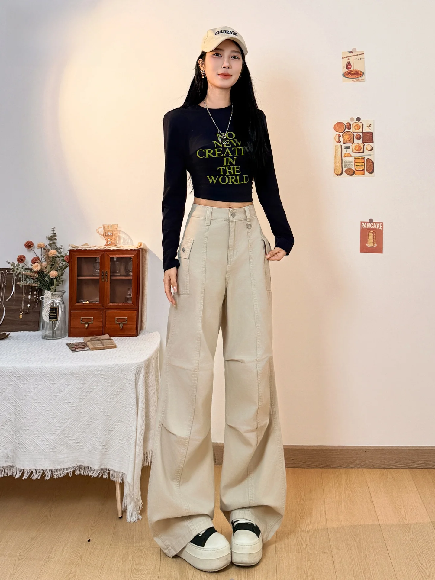 High Waist Straight Leg Casual Pants Women's Multi Pocket Wide Leg Jeans American Style Summer Workwear Slimming Card Khaki