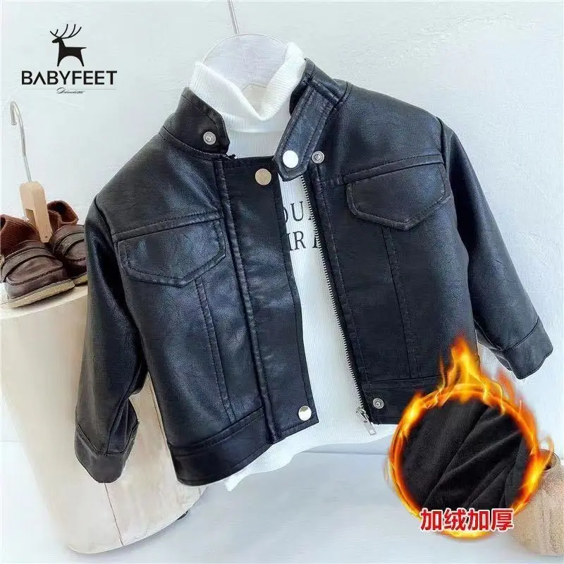 

Autumn and Winter Boys and Girls Leather Jacket Children Handsome Casual Motorcycle Velvet Padded Thickened Coat