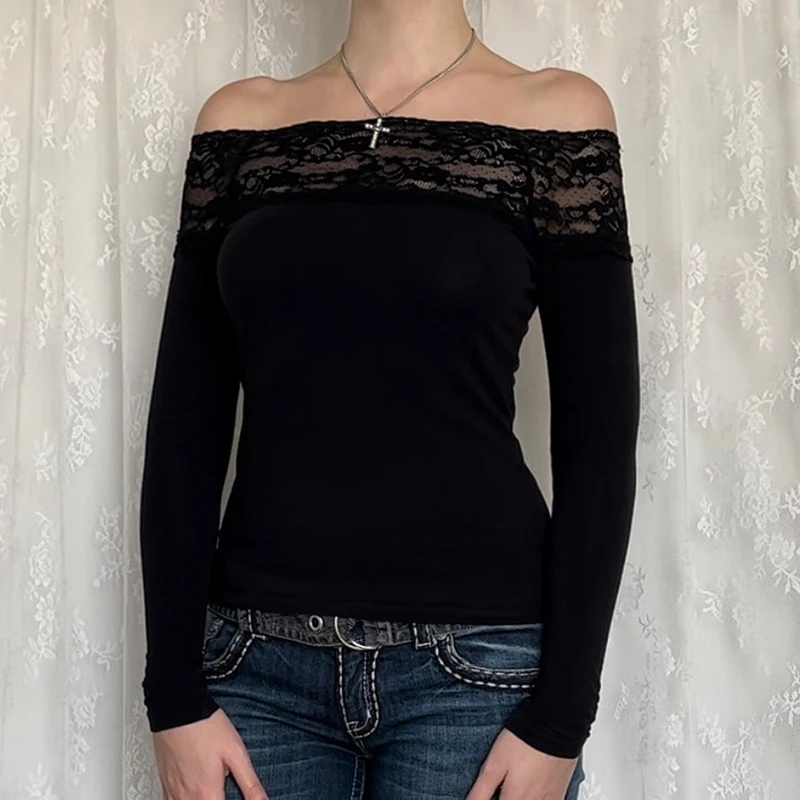 Cuteandpsycho Casual Slash Neck Tshirts Chic Streetwear Slim Lace Clothes Vinatge Aesthetic Long Sleeves Fashion Solid Tops