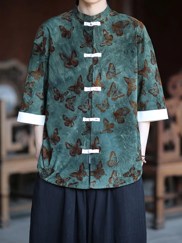 

New Chinese Sle Men's irt ort Sve Embroidered Velvet Button up Thin Rvated Tang Costume Hanfu Loose Fit Summer Fa...