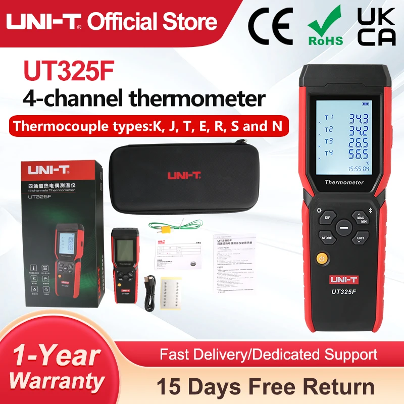 UNI-T 4 Kanaals Digitale Thermometer Ut325f J/T/E/R/S/N/K Type Thermokoppel Temperatuur Meter Hoge Precisie Bluetooth