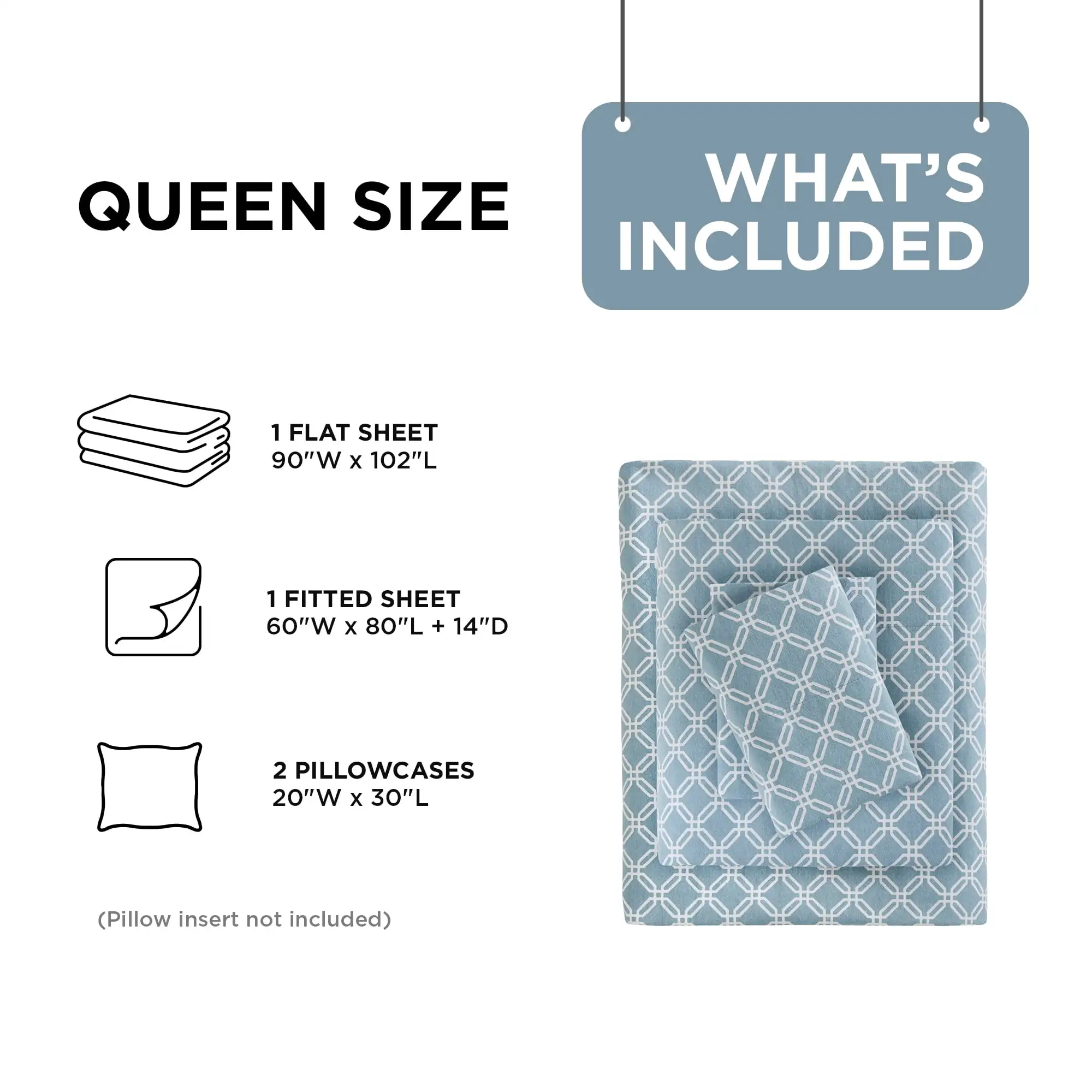 Conjunto de lençóis queen size, lençóis de flanela de algodão aconchegante de 4 peças queen com lençol de bolso profundo, geo azul