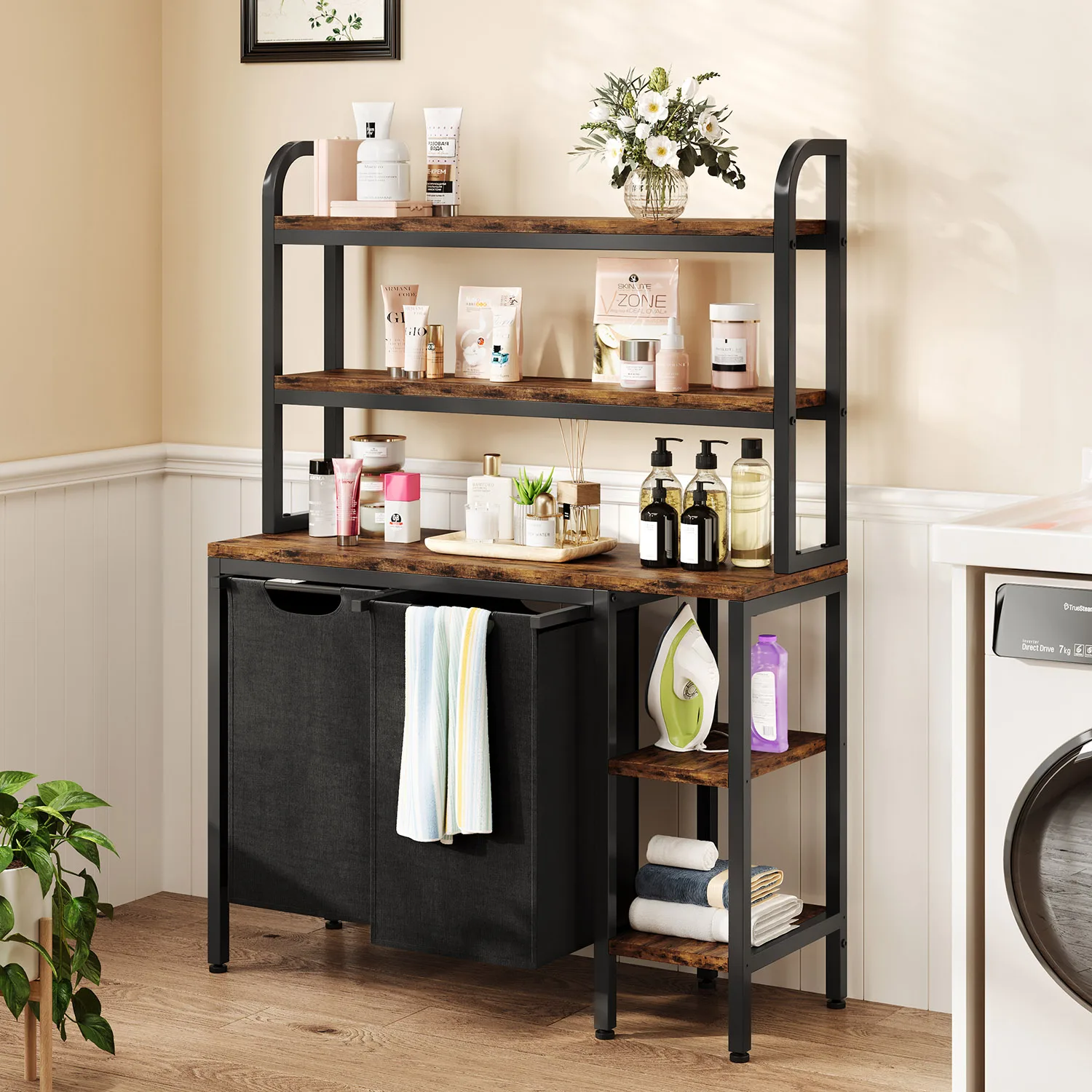 

Laundry Hamper with Shelf, 2 Section Laundry Sorter Basket with 2 Pull-Out Removable Bags for Laundry Room Bathroom