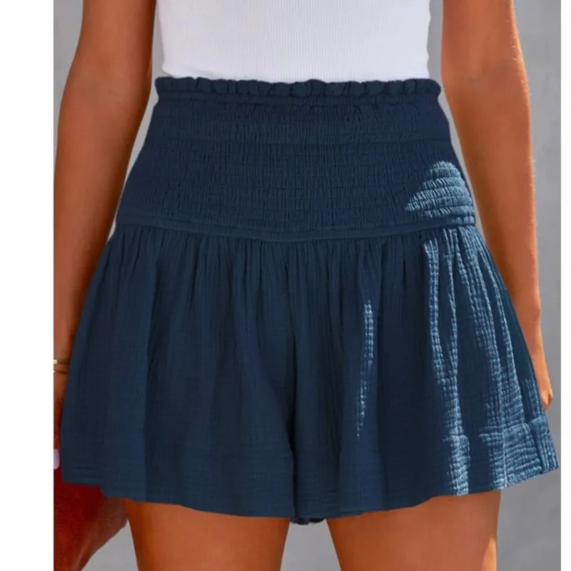 Simple Casual Shorts For Womens Shorts Cotton Linen High Elastic Waisted Pleated Ruffle Shorts Beach Harajuku Mini Short Pants