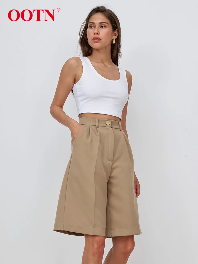 OOTN Office Ladies Khaki Midi Shorts Elegant High Waist Pleated Short Pants Female Summer Casual Pockets Shorts 2024 New Black