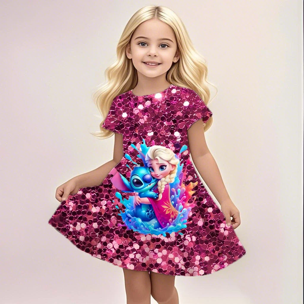 Potdemiel Sommer Neue Kinder 3d Gedruckt Romantische Stich Nettes Mädchen Kurzarm Kleid 3-14 Jahre Alte Kinder leistung Kleidung