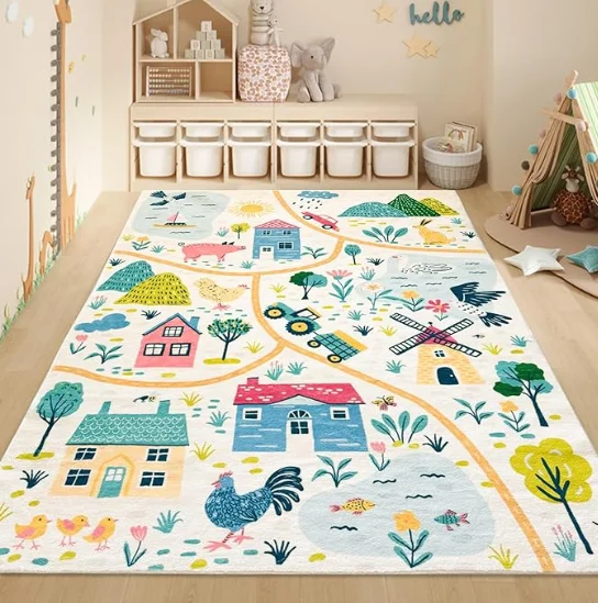 Kids Rug Farm and Forest Animal Carpet for Boys Girls Room Car Road Mat for Bedroom Living Room Soft Farm Children’s Area Rug