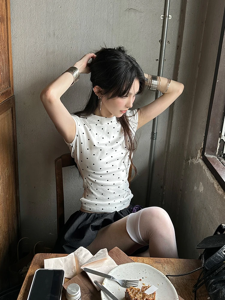 

Ретро футболка в горошек ort Sve round Ne, женский летний топ, ширина, обычный хлопковый принт, повседневный крой