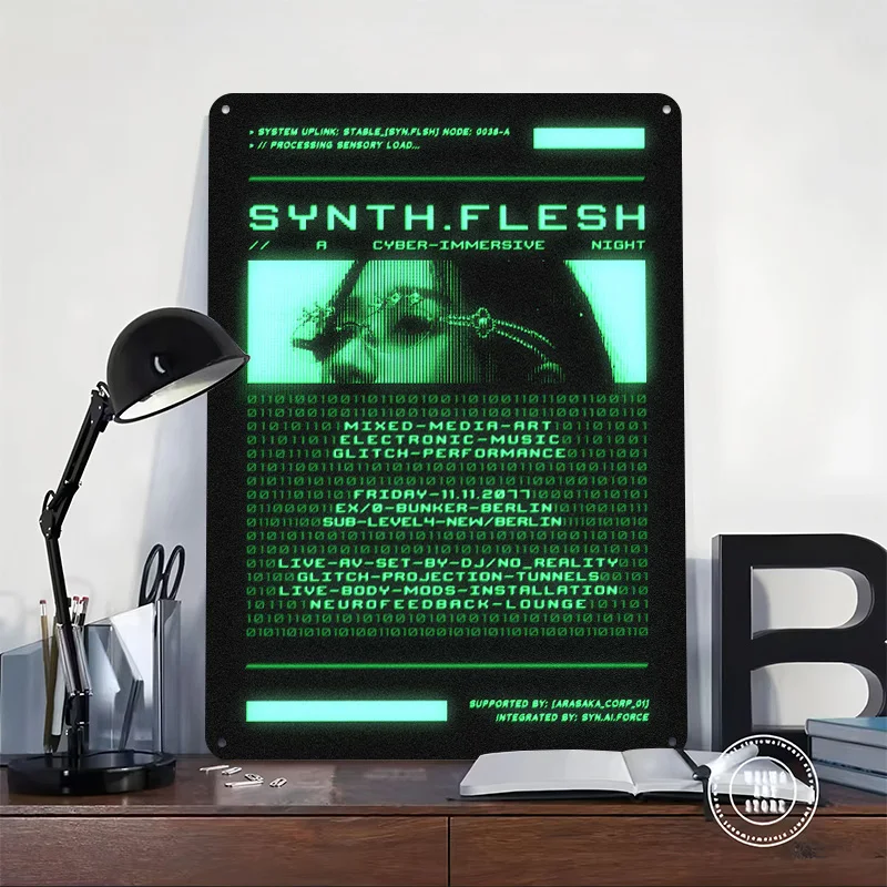 Synth.Flesh Cyber Rave Metal Poster Custom Wall Art Retro Vintage Tinplate Signs for Man Cave Bedroom Decoration Gaming House