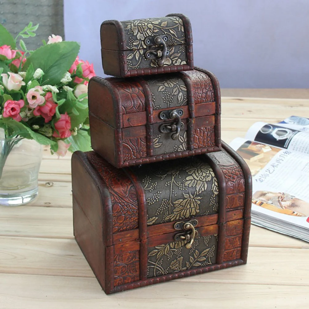 

3pcs Wooden Jewelry Box Long Lasting Elegant Flower Carving Bronze Lock Makeup ganizer Storage Travel