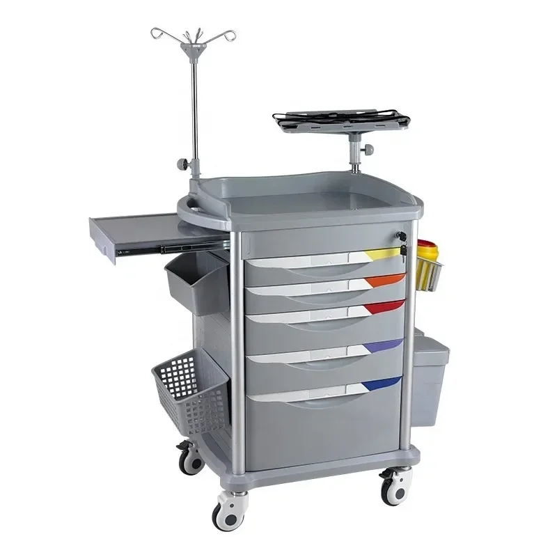 ABS Hospital Emergency Cart Trolley for  Furniture 4 Silent Medical Castors 5 Drawers Easy Clean ISO