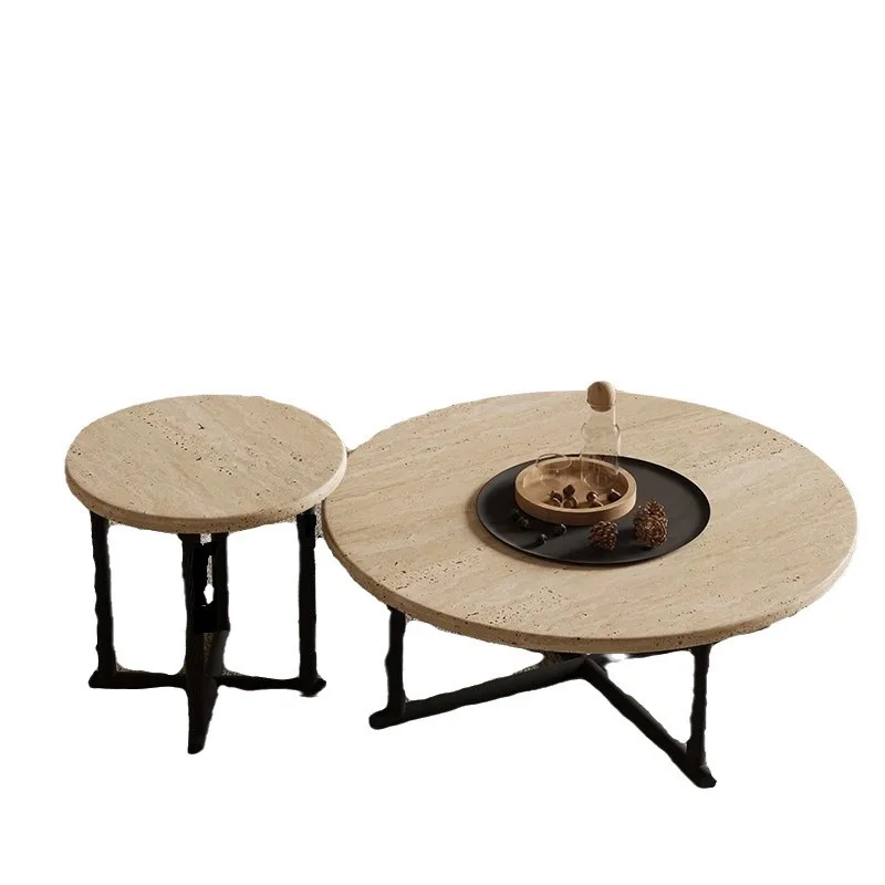 โต๊ะกาแฟหินอ่อนธรรมชาติ ห้องนั่งเล่น บ้านพักอาศัย อพาร์ทเมนต์ขนาดเล็ก ปี 2024 ใหม่ โฮมสเตย์ สไตล์เรโทร โต๊ะกลมไม้จริง
