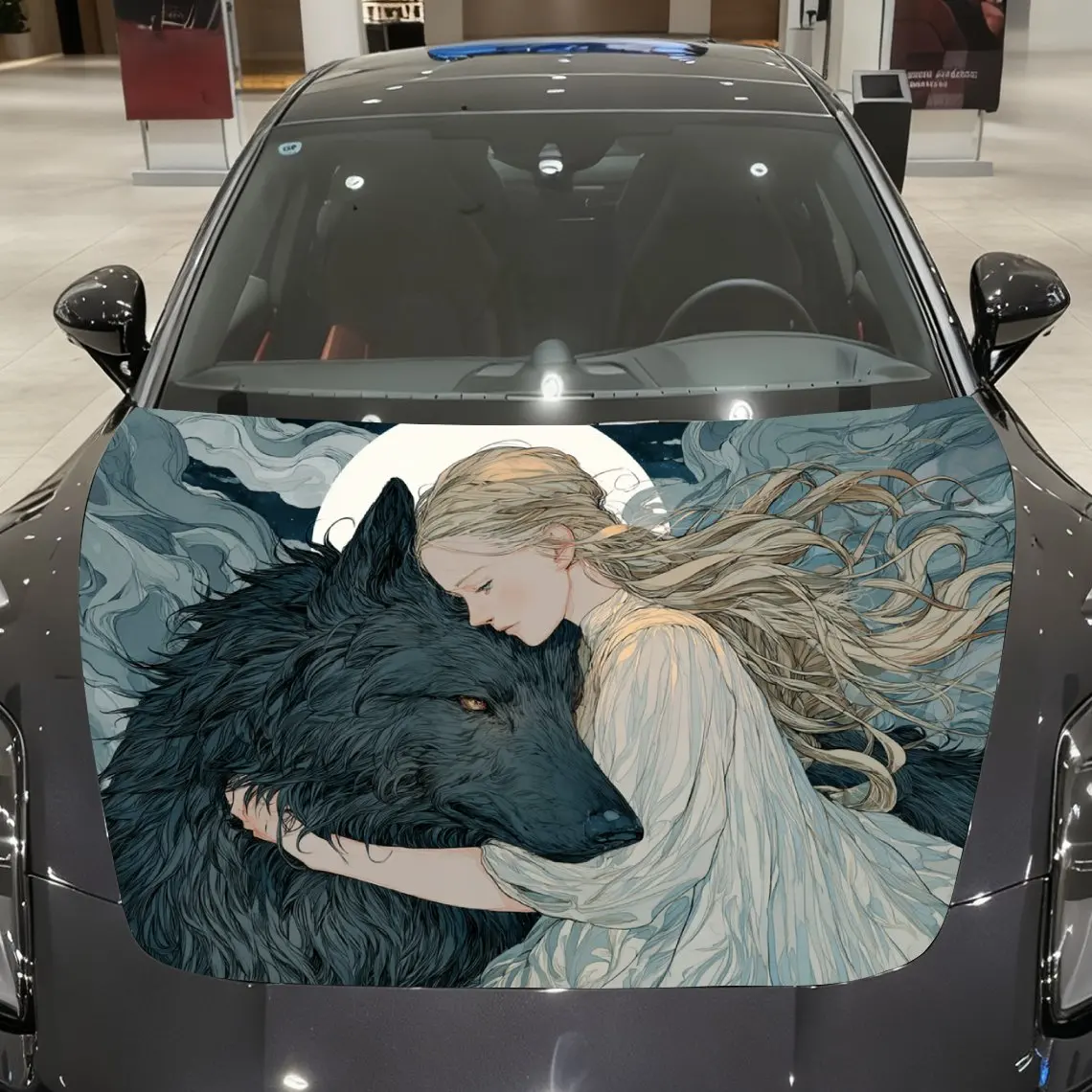 

Beauty And Wolf Car Hood Sticker, Waterproof Self-adhesive Body Decoration Sticker, Universal Full Coverage Appearance Protectio