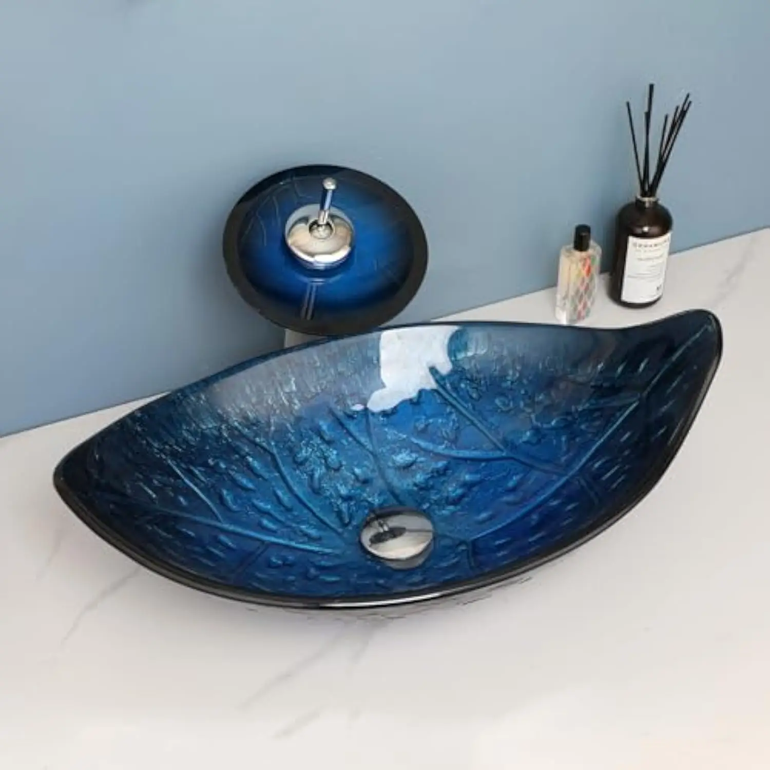 

23x14 Blue Bathroom Vessel Sink, Leaf Shape Tempered Glass Sinks And Faucet Combo, Washing Basin Bowl Waterfall Chrome Brass Po