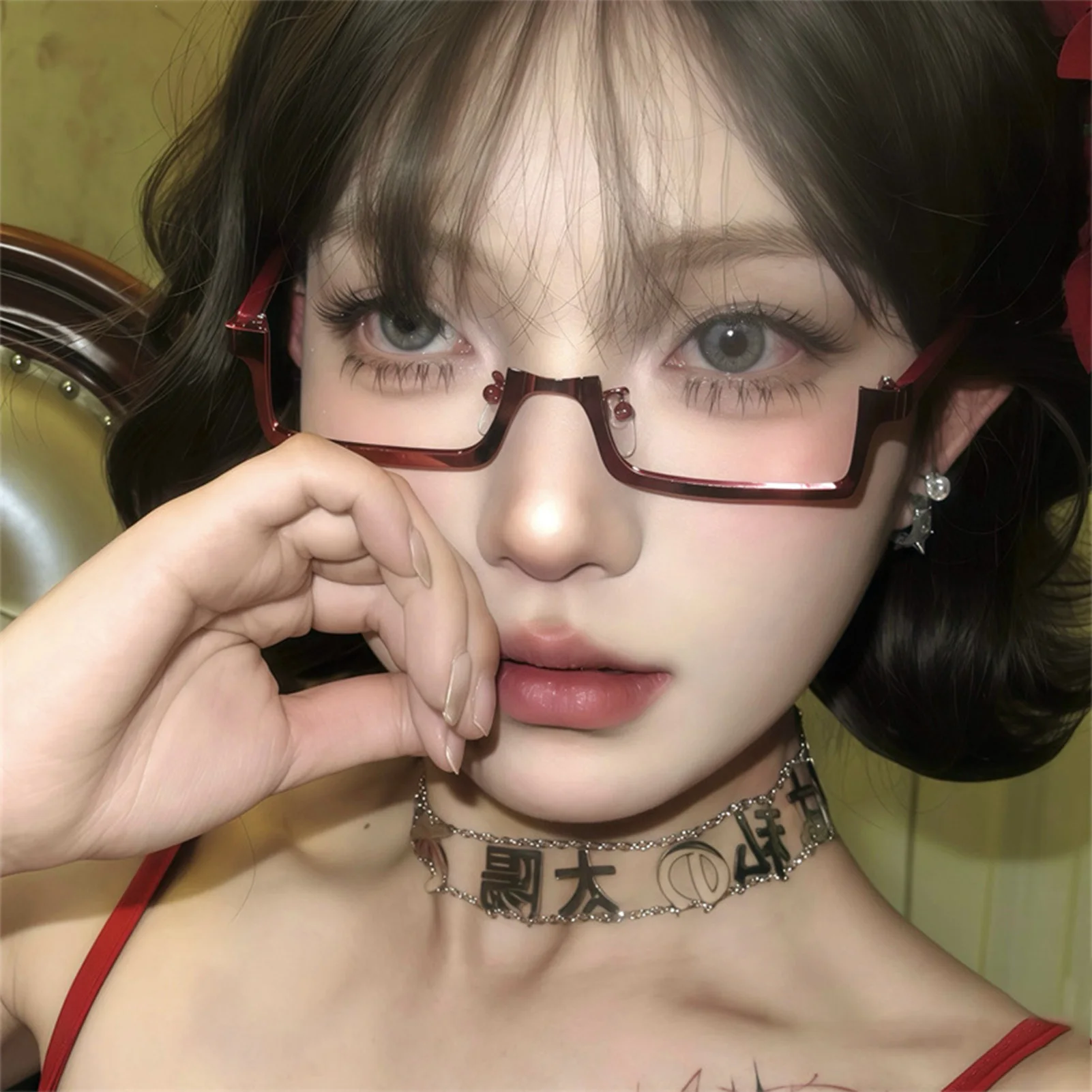 

Decorative Half Frame Glasses Anime Cosplay Props Metal Half Glasses Frame Trendy Eyewear for Ladies