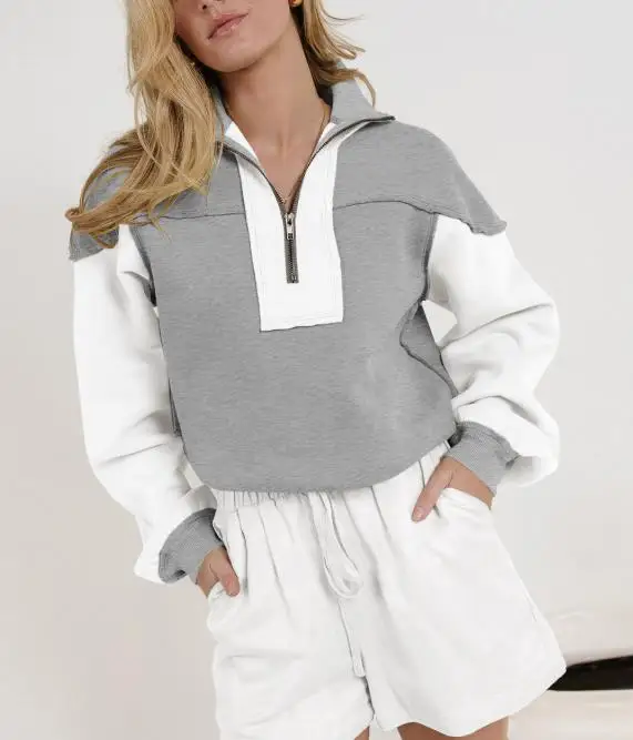 

Women's Top Spring/autumn New Fashionable Style Daily Casual Color Blocked Collar Zipper Front Versatile Loose Long Sleeve Top