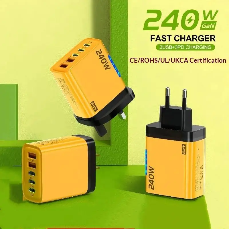 Multi Port 240W GaN Desktop Charger 5 IN 1 Fast Charging Adapter with USB C Cable for Travel Business Trip
