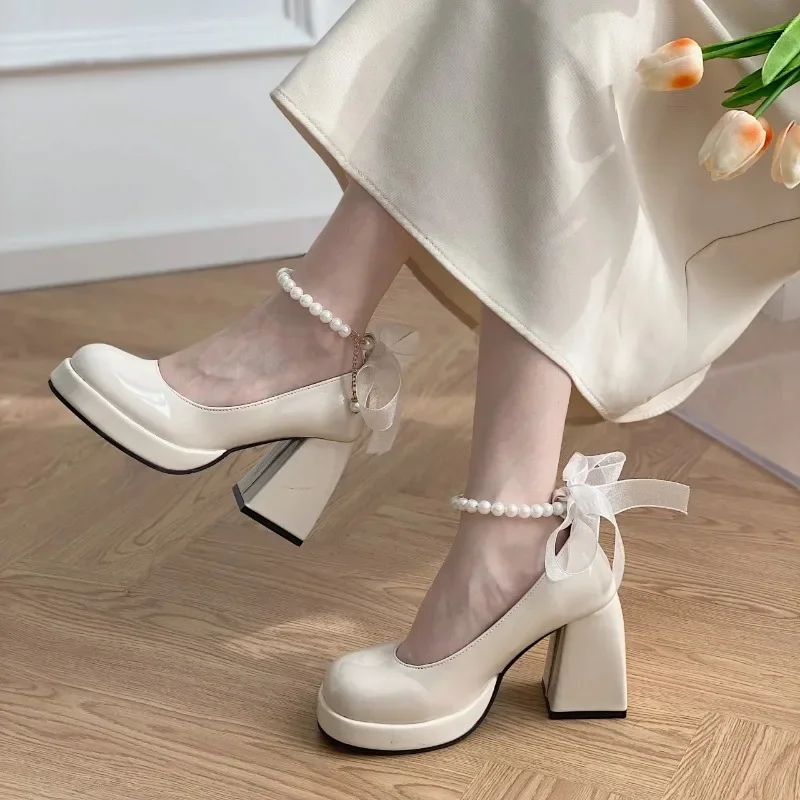 Women\'s Spring and Autumn New Vintage Pearl Bow Mary Jane Shoes Thick Heels Sweet High Heels Single Shoes