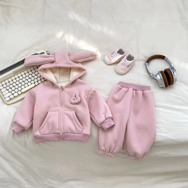 

2025 Winter Hot Selling New Cute Rabbit Plush Hoodie and Thick Warm Pants Two Piece Set