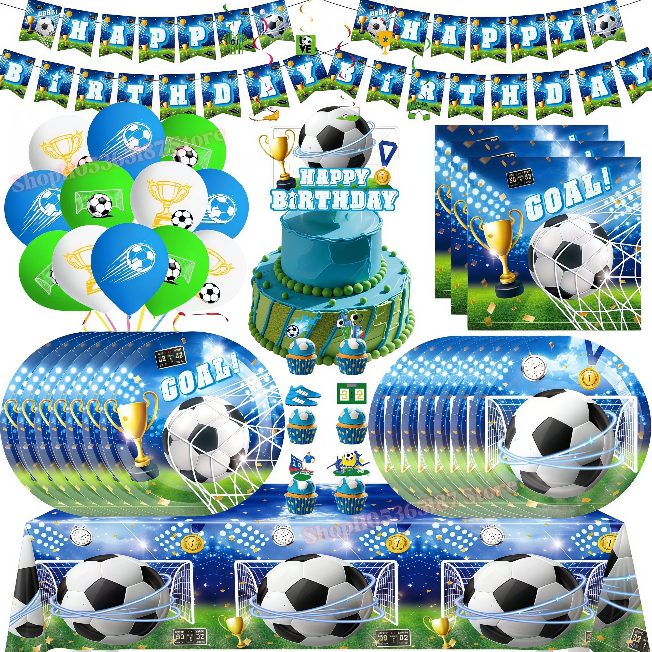 Fußball Geburtstagsparty Dekoration Pappteller Becher Ballons Kuchendekoration für Jungen Gastgeschenk Sportspiel Partyzubehör