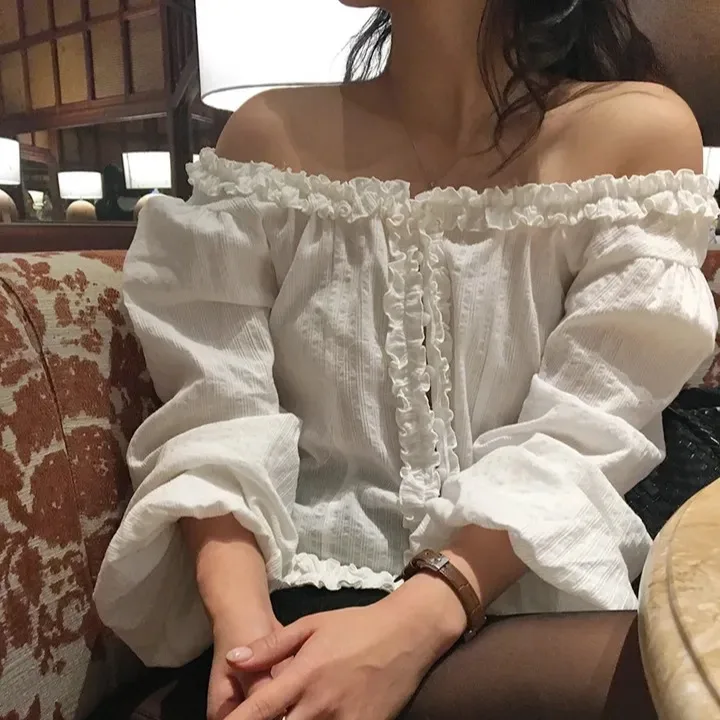 여성용 스위트 버블 슬리브 오프숄더 나무 장식 투웨이 착용 루즈핏 롱 슬리브 비즈니스 캐주얼...