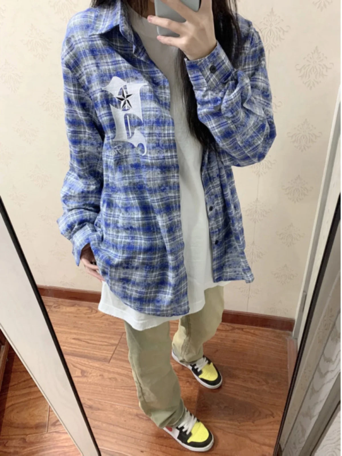 American Hiphop Blue Long Sleeve Shirt Jacket for Men Cleanfit High Street Vibe Trendy Brand Loose Fit Breathable Spring Wear