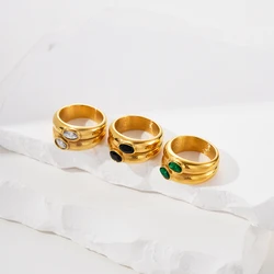 May@R1pc Vintage Stainless Steel Ring 14k Gold Plated Inlaid Zirconia White Emerald Or Black Match Daily Outfits Party Accessory