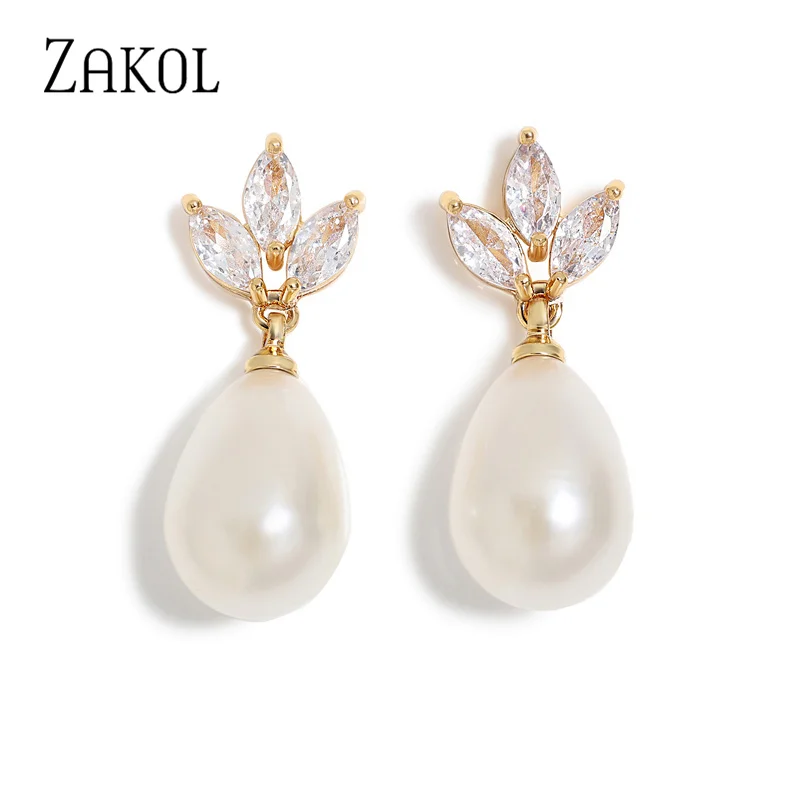 ZAKOL Delicate Leaf Shape Zircon Dangle Earrings for Women Classic Water Drop Bridal Long Earring Luxury Wedding Jewelry