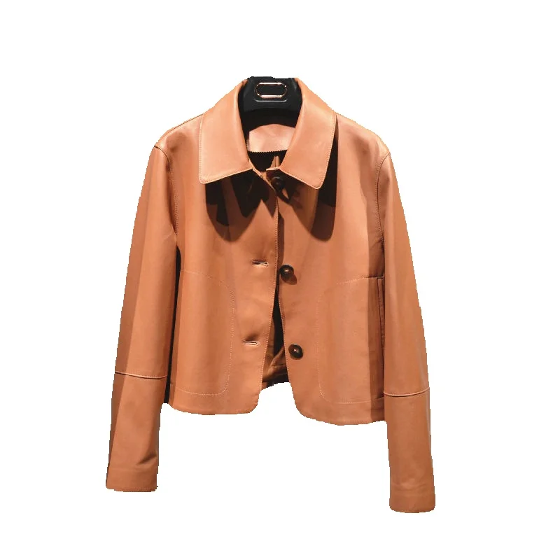 Spring New Genuine Leather Coat Women's Sheepskin Short Slim Fit Leather Jacket Square Neck Women's Coat Trendy