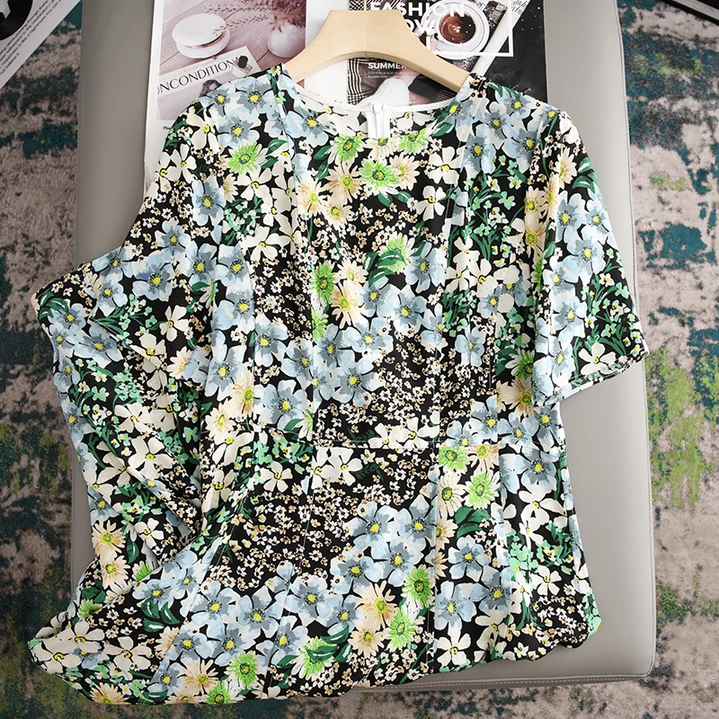 Vestido E de Seda de Morera con Estampado Floral Verde para Vacaciones en la Playa de Cannes, Cintura Alta, Corte en A...
