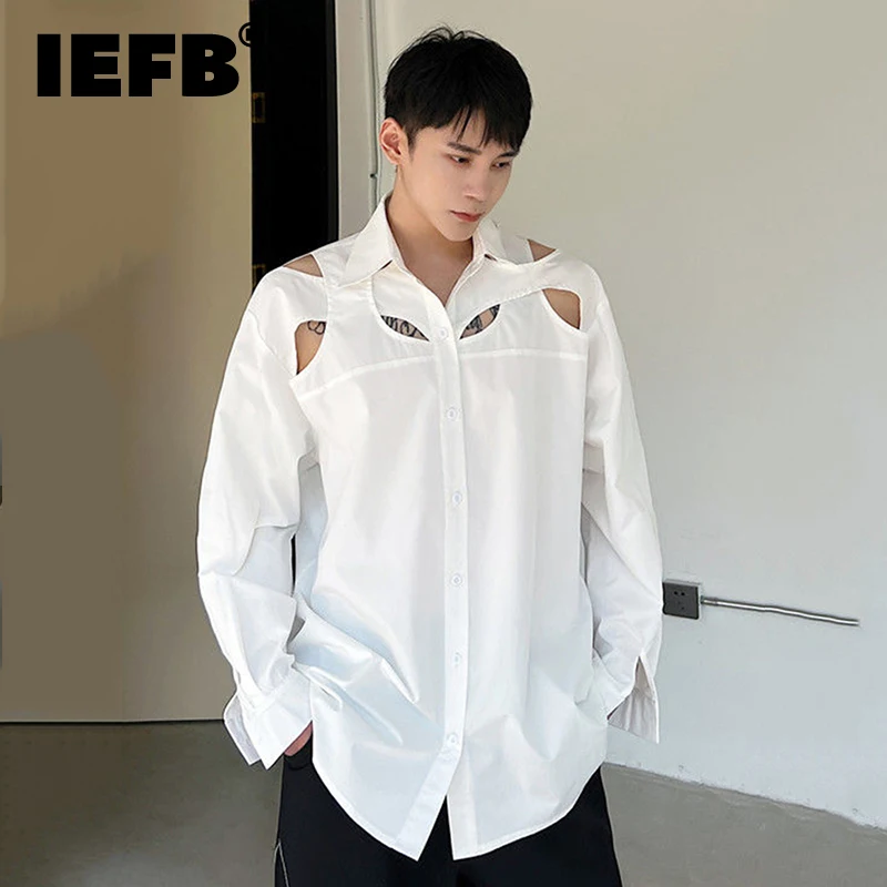 

IEFB Hollow Out Design Long Sleeved Shirt Loose Style Casual Korean 2023 New Fashion Solid Color Turn-down Collar Casual 9A3223