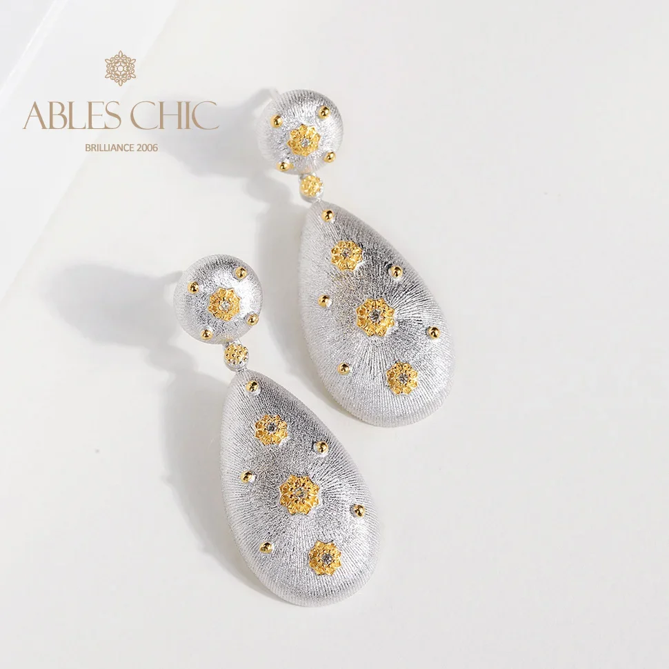 

Ables Chic 925 Silver 18K Gold Tone Brushed Teardrop Dangling Flower Earrings CZ Vintage Silk Flower Bridal Wholesale