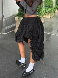 TARUXY Folds Black Mini Skirt For Women High Waist Fashion Asymmetrical Loose Skirts Female 2023 Street New Fashion Skirt Woman