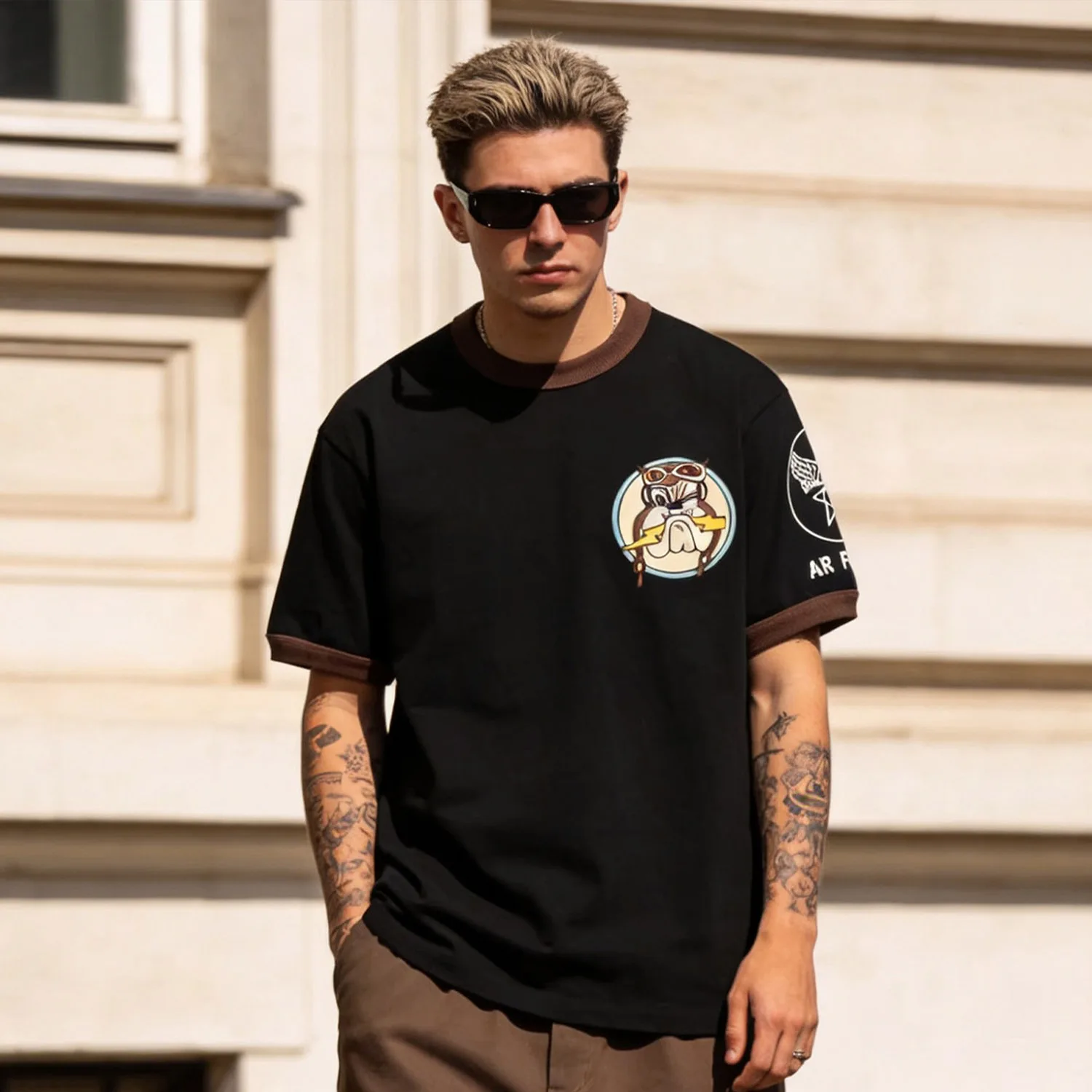 Men's 230g Amekaji Military Air Force Color Block Ribbed Short Sleeve Tee Vintage Crew Neck Casual